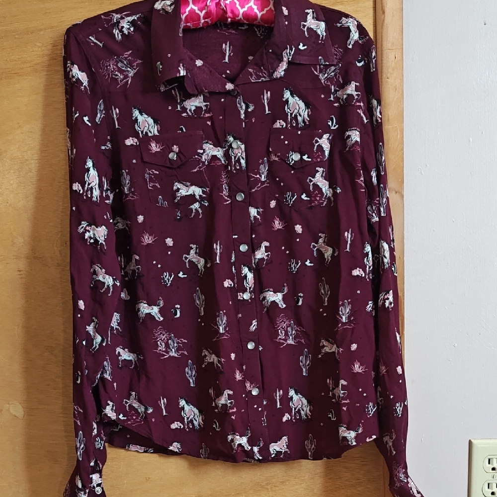 Cruel Denim Burgundy Horse Print Button Down Shirt